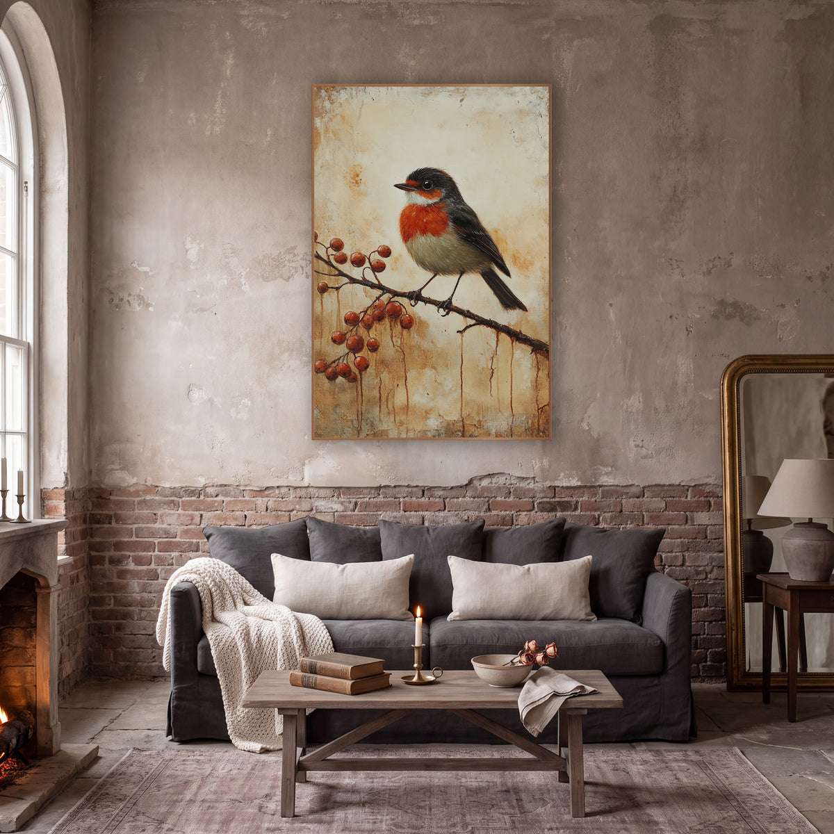 Robin Red Berry Cluster Rustic wall art in a moody dark academia room – small orange-breasted bird with dark wings