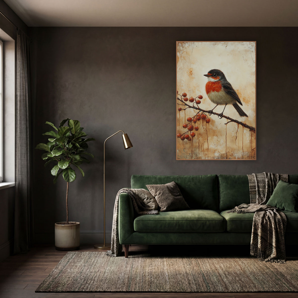 Robin Red Berry Cluster Rustic wall art in a moody dark academia room – small orange-breasted bird with dark wings