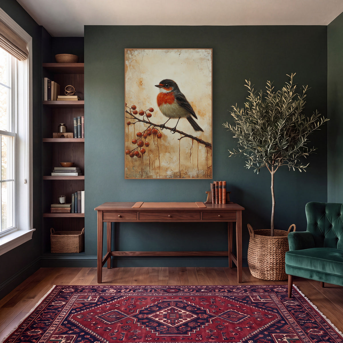 Robin Red Berry Cluster Rustic wall art in a moody dark academia room – small orange-breasted bird with dark wings