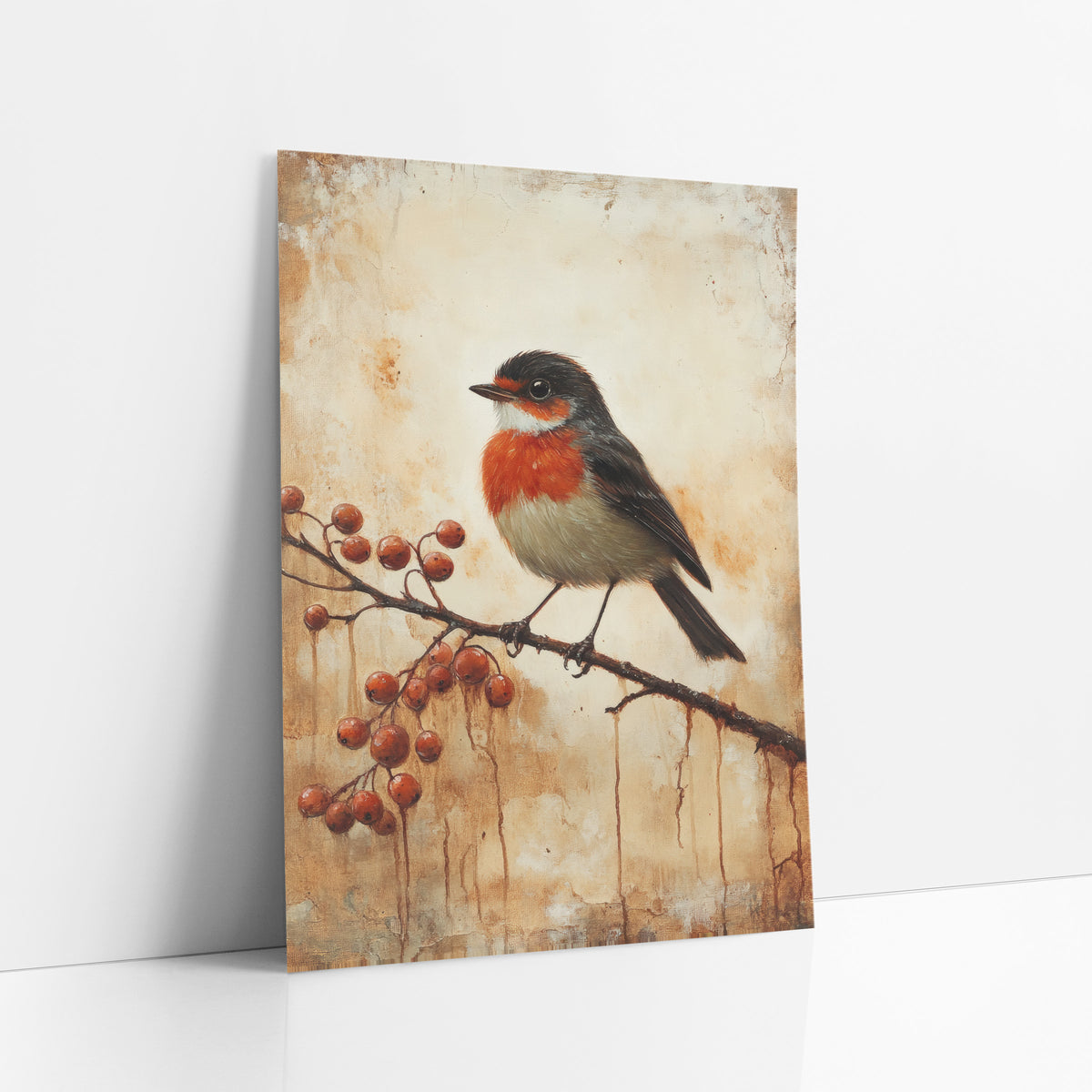 Robin Red Berry Cluster Rustic art print leaning against a white wall – small orange-breasted bird with dark wings perched