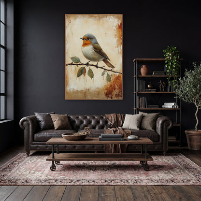 Gray Headed Robin Leafy Branch Farmhouse wall art in a moody dark academia room – robin with orange breast perched
