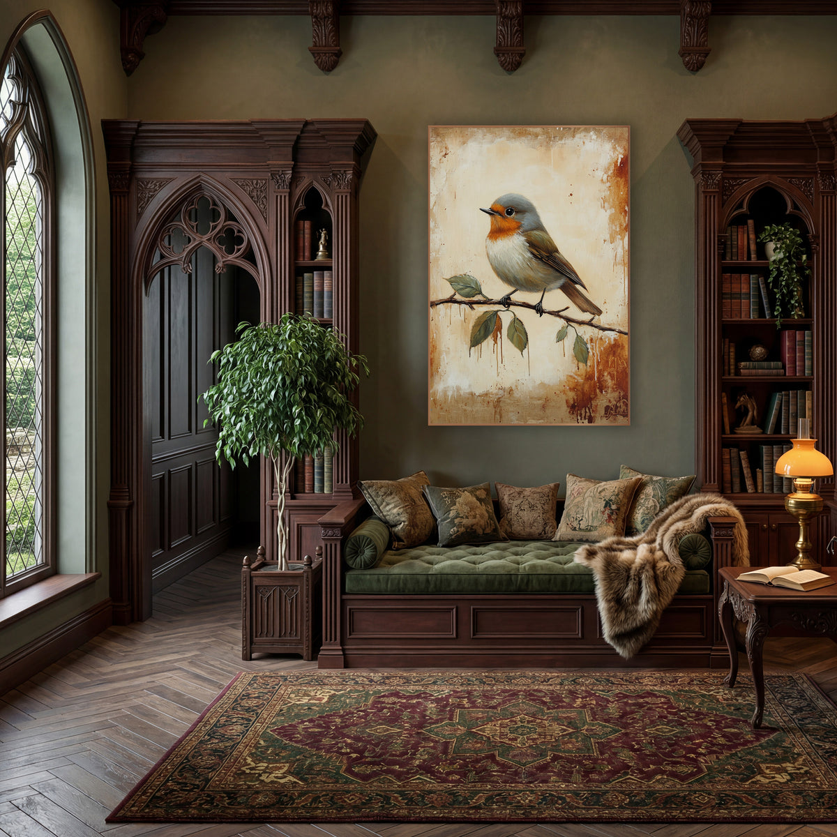 Gray Headed Robin Leafy Branch Farmhouse wall art in a moody dark academia room – robin with orange breast perched