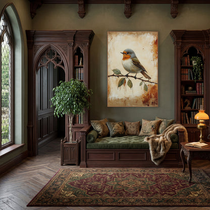 Gray Headed Robin Leafy Branch Farmhouse wall art in a moody dark academia room – robin with orange breast perched