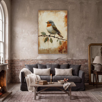Gray Headed Robin Leafy Branch Farmhouse wall art in a moody dark academia room – robin with orange breast perched