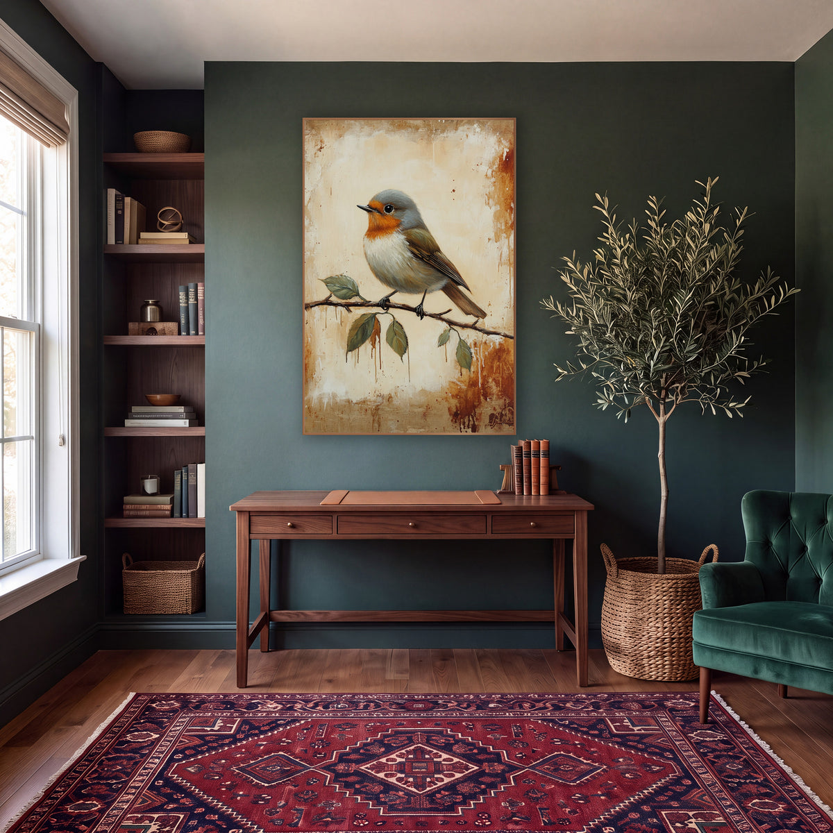 Gray Headed Robin Leafy Branch Farmhouse wall art in a moody dark academia room – robin with orange breast perched