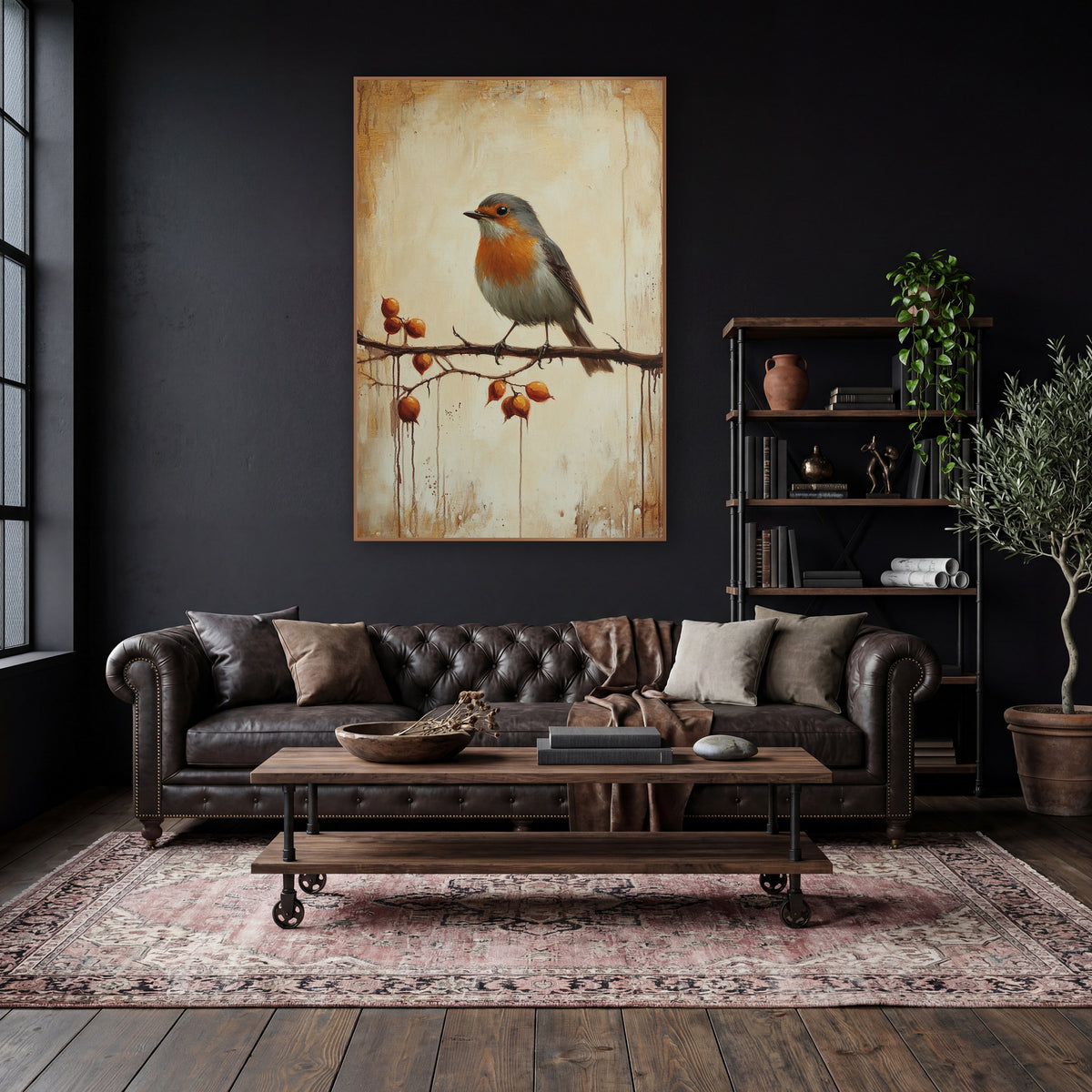 Robin Amber Rosehips Classic wall art in a moody dark academia room – robin with orange breast perched on a thorny