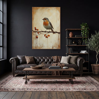 Robin Amber Rosehips Classic wall art in a moody dark academia room – robin with orange breast perched on a thorny