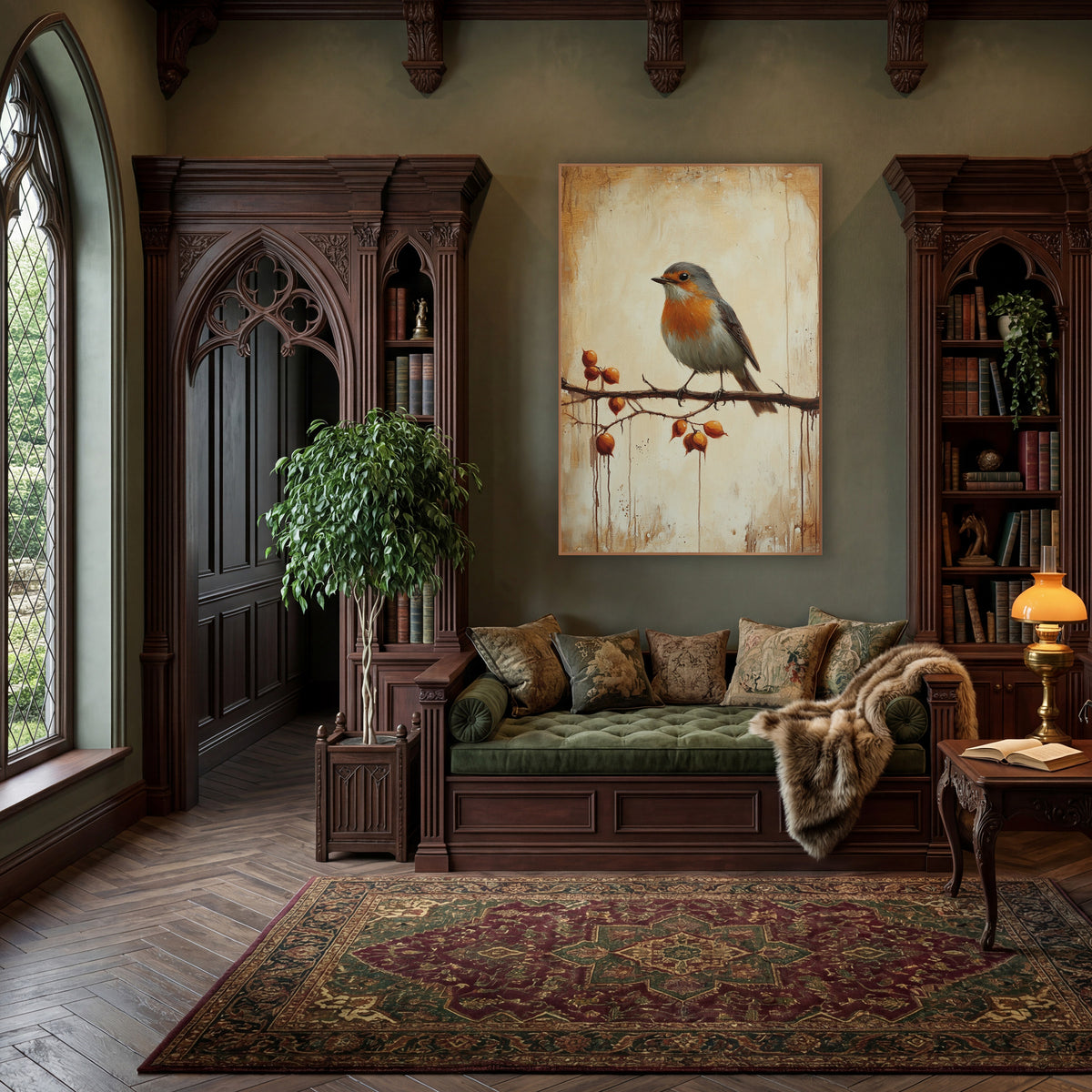 Robin Amber Rosehips Classic wall art in a moody dark academia room – robin with orange breast perched on a thorny