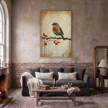 Robin Amber Rosehips Classic wall art in a moody dark academia room – robin with orange breast perched on a thorny