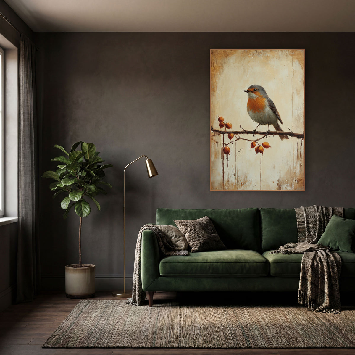 Robin Amber Rosehips Classic wall art in a moody dark academia room – robin with orange breast perched on a thorny