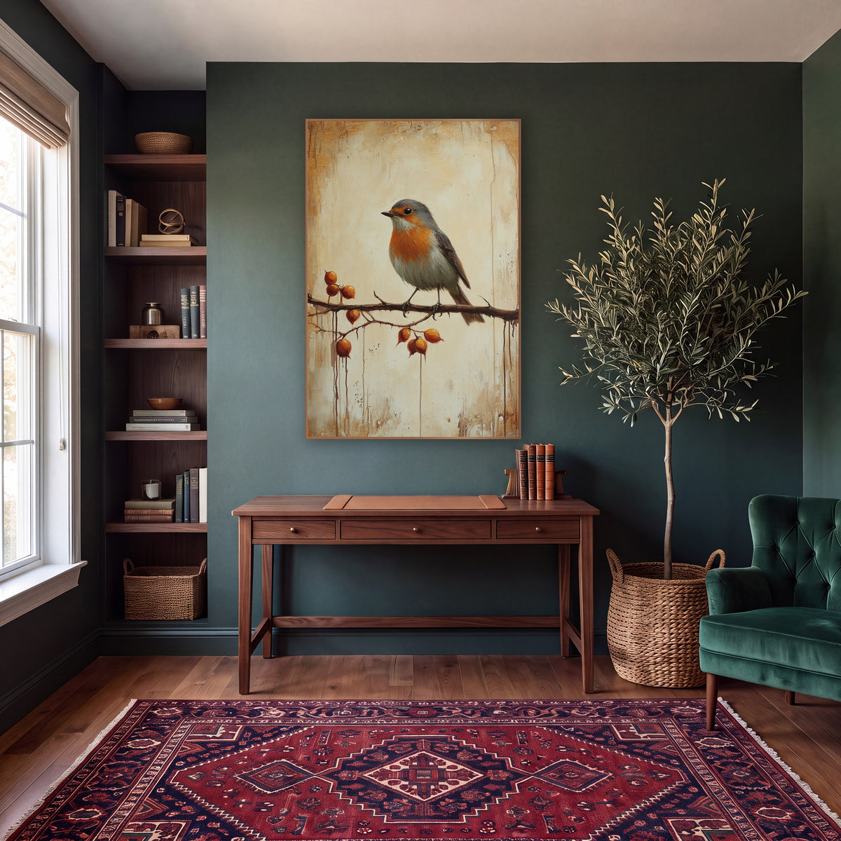 Robin Amber Rosehips Classic wall art in a moody dark academia room – robin with orange breast perched on a thorny