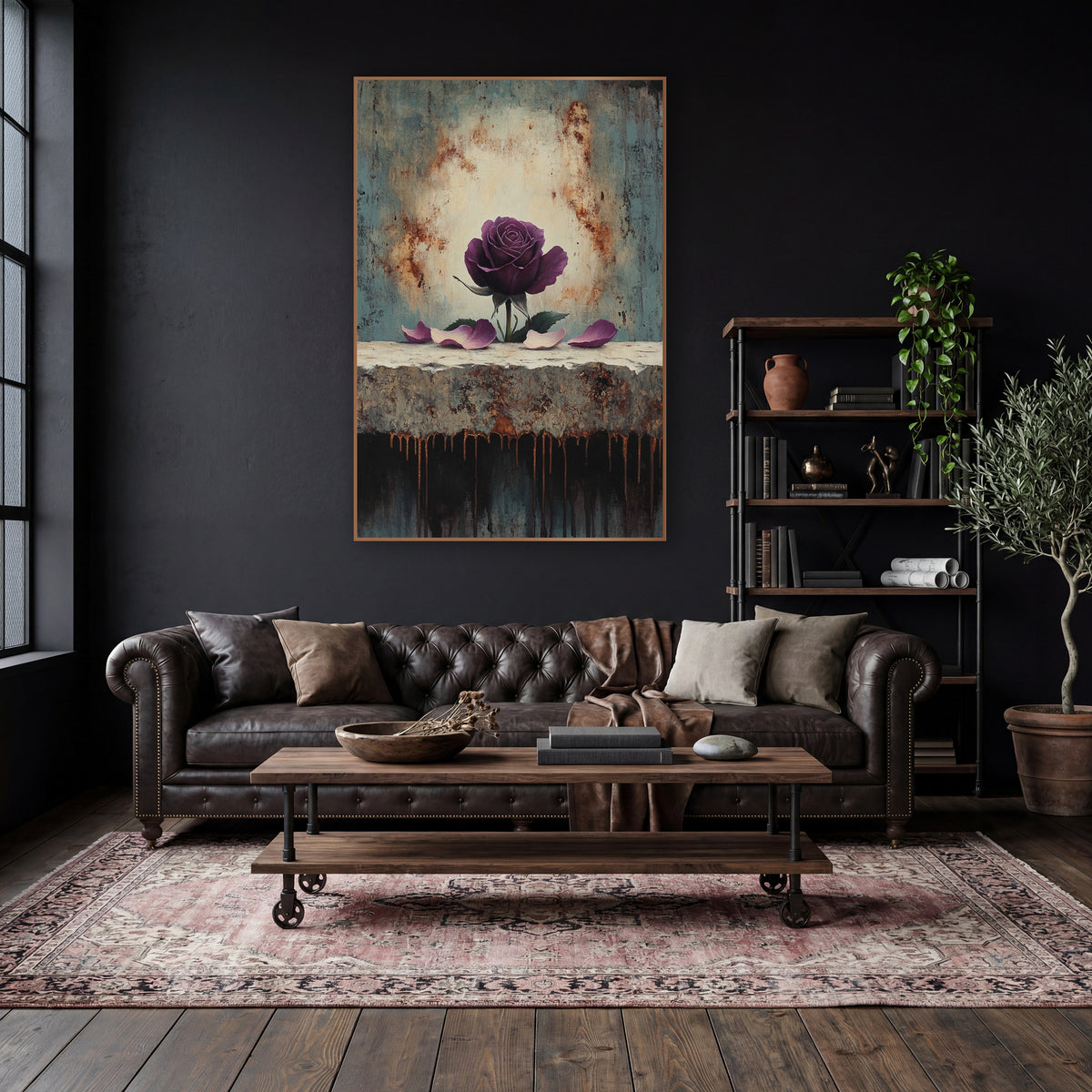 Plum Rose on Weathered Ledge wall art in a moody dark academia room – plum purple rose with fallen petals on a rough