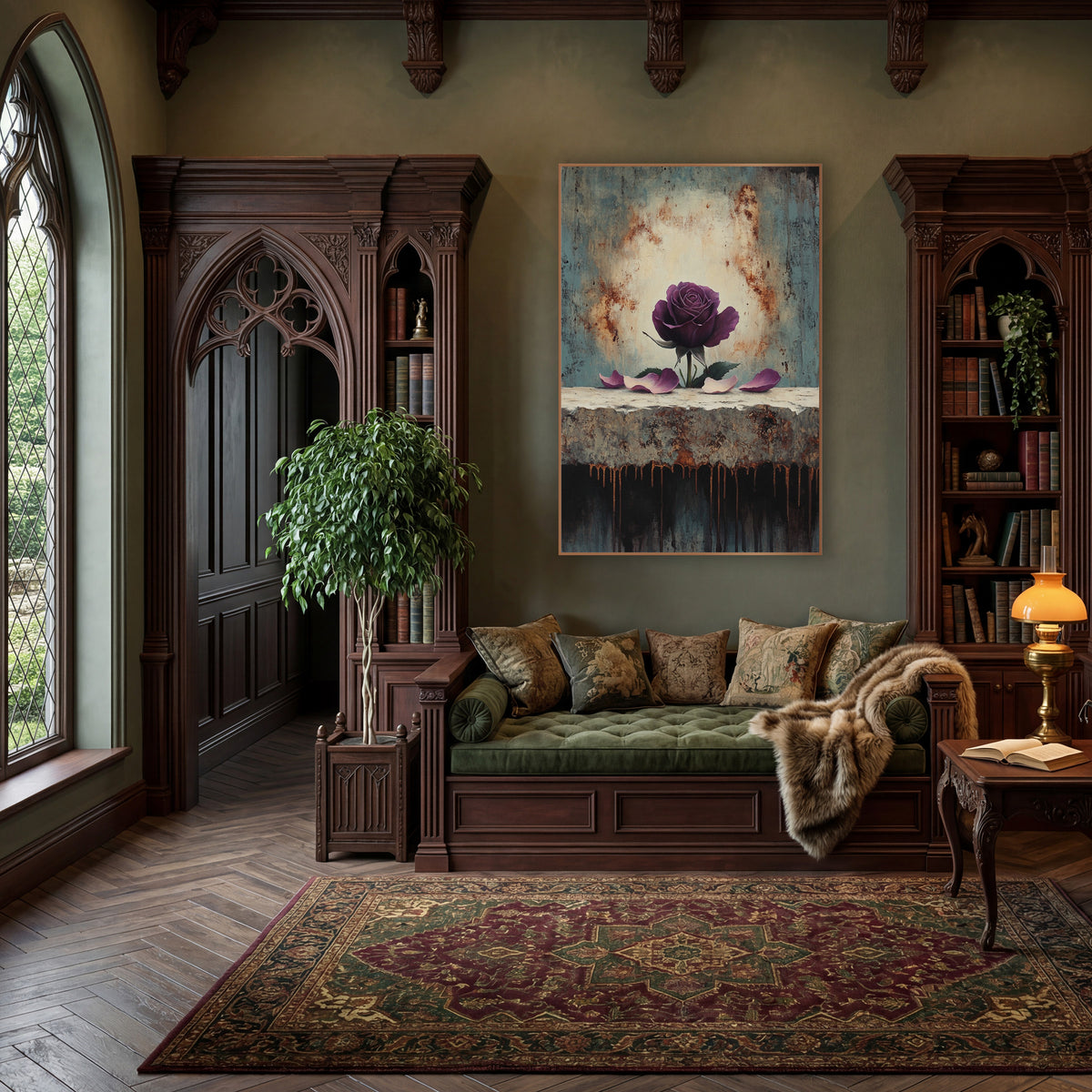 Plum Rose on Weathered Ledge wall art in a moody dark academia room – plum purple rose with fallen petals on a rough
