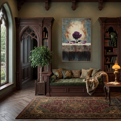 Plum Rose on Weathered Ledge wall art in a moody dark academia room – plum purple rose with fallen petals on a rough
