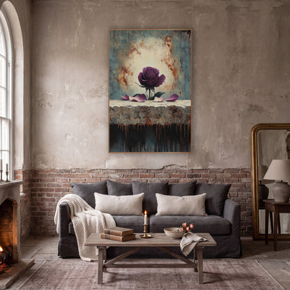 Plum Rose on Weathered Ledge wall art in a moody dark academia room – plum purple rose with fallen petals on a rough