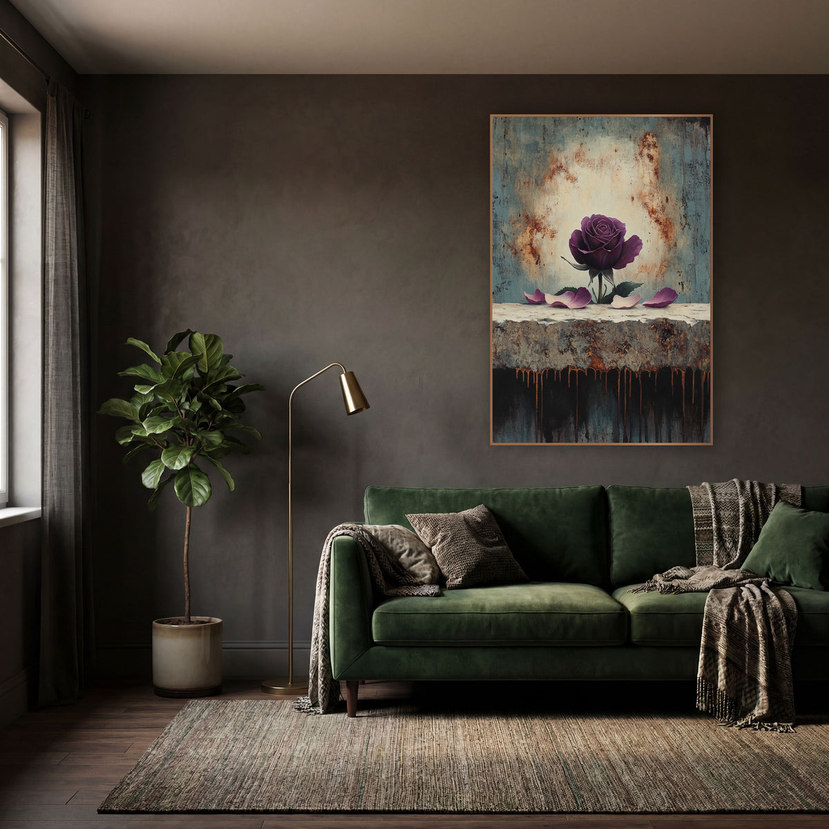 Plum Rose on Weathered Ledge wall art in a moody dark academia room – plum purple rose with fallen petals on a rough