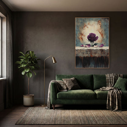 Plum Rose on Weathered Ledge wall art in a moody dark academia room – plum purple rose with fallen petals on a rough