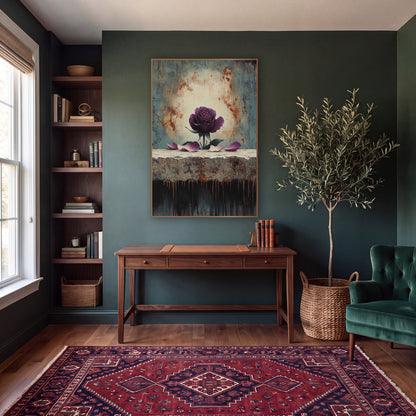 Plum Rose on Weathered Ledge wall art in a moody dark academia room – plum purple rose with fallen petals on a rough