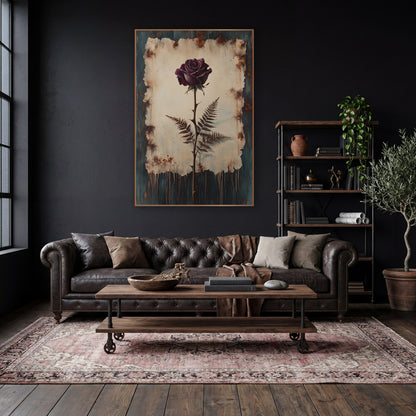 Plum Rose and Fern Botanical wall art in a moody dark academia room – plum-purple rose on a thorny stem with two brown
