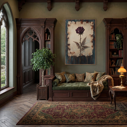 Plum Rose and Fern Botanical wall art in a moody dark academia room – plum-purple rose on a thorny stem with two brown
