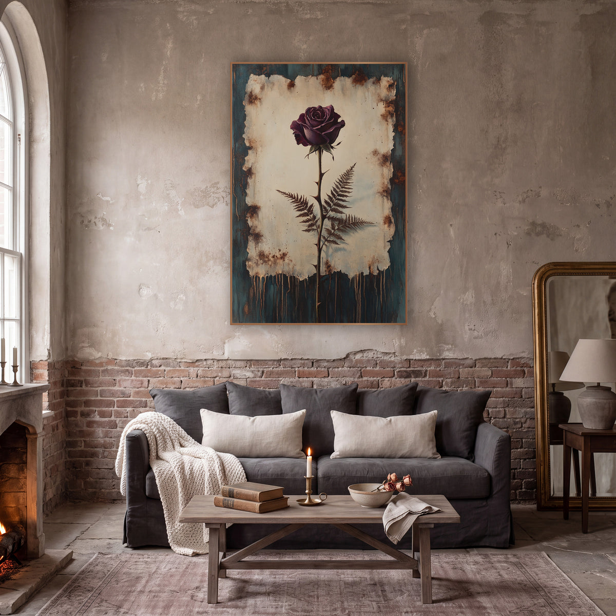 Plum Rose and Fern Botanical wall art in a moody dark academia room – plum-purple rose on a thorny stem with two brown