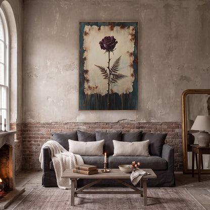 Plum Rose and Fern Botanical wall art in a moody dark academia room – plum-purple rose on a thorny stem with two brown