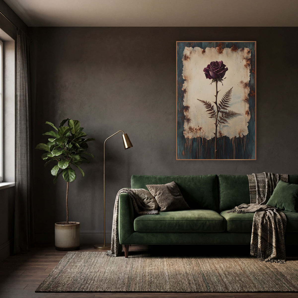 Plum Rose and Fern Botanical wall art in a moody dark academia room – plum-purple rose on a thorny stem with two brown