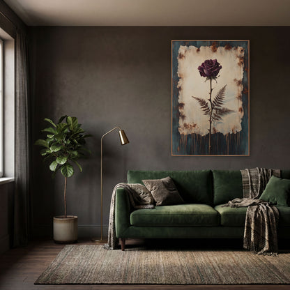 Plum Rose and Fern Botanical wall art in a moody dark academia room – plum-purple rose on a thorny stem with two brown