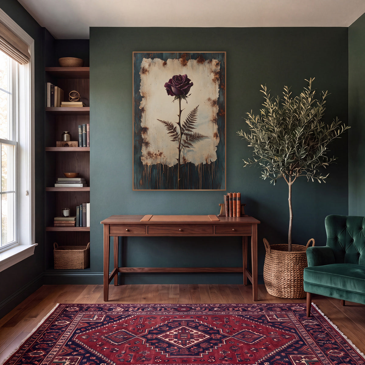 Plum Rose and Fern Botanical wall art in a moody dark academia room – plum-purple rose on a thorny stem with two brown