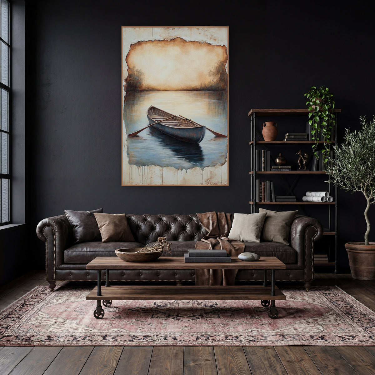 Antique Rowing Boat Still Water Landscape wall art in a moody dark academia room – wooden rowing boat with oars