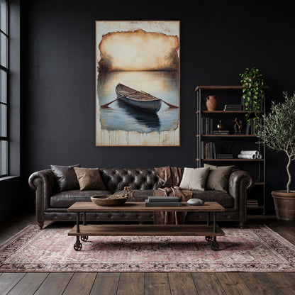 Antique Rowing Boat Still Water Landscape wall art in a moody dark academia room – wooden rowing boat with oars