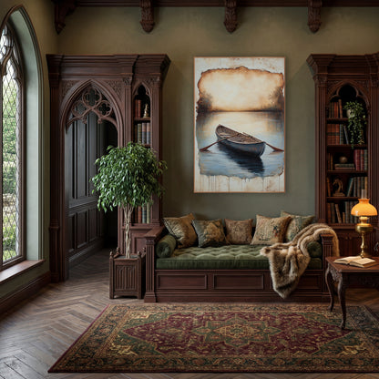 Antique Rowing Boat Still Water Landscape wall art in a moody dark academia room – wooden rowing boat with oars