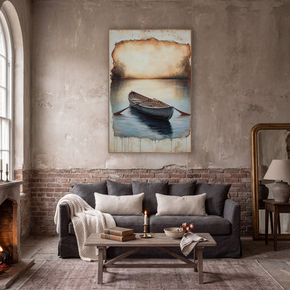 Antique Rowing Boat Still Water Landscape wall art in a moody dark academia room – wooden rowing boat with oars