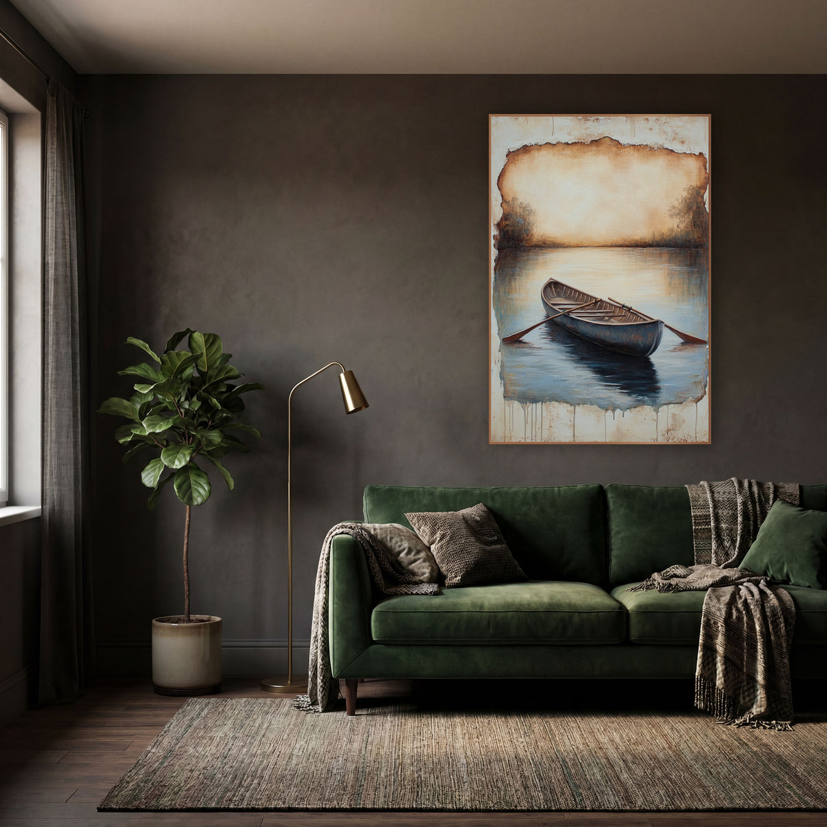 Antique Rowing Boat Still Water Landscape wall art in a moody dark academia room – wooden rowing boat with oars