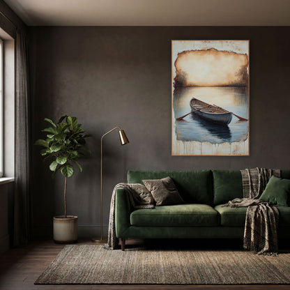 Antique Rowing Boat Still Water Landscape wall art in a moody dark academia room – wooden rowing boat with oars