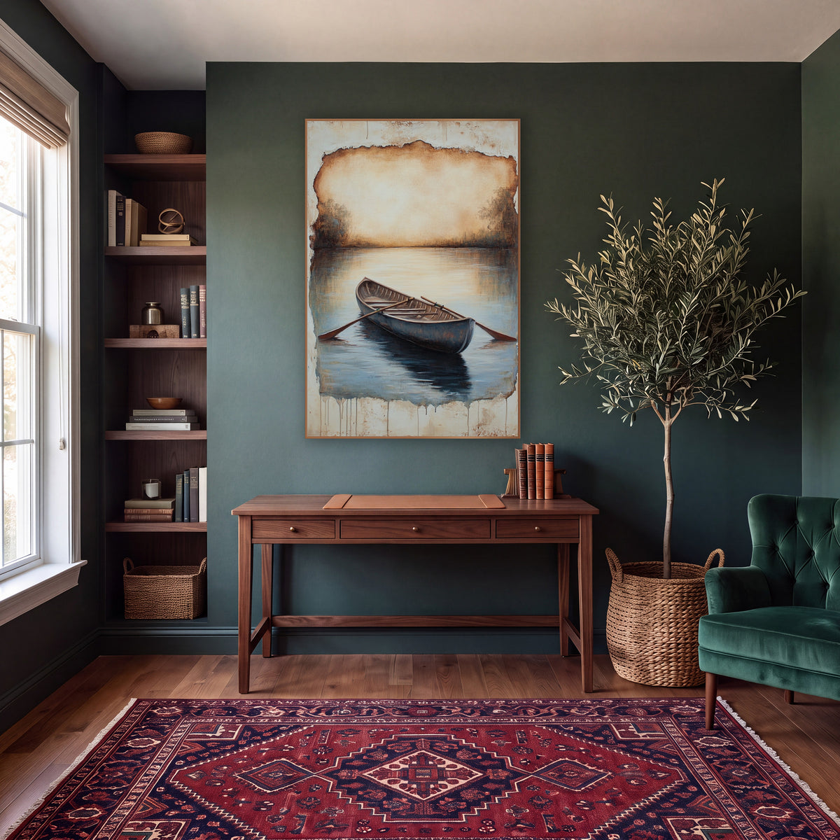 Antique Rowing Boat Still Water Landscape wall art in a moody dark academia room – wooden rowing boat with oars