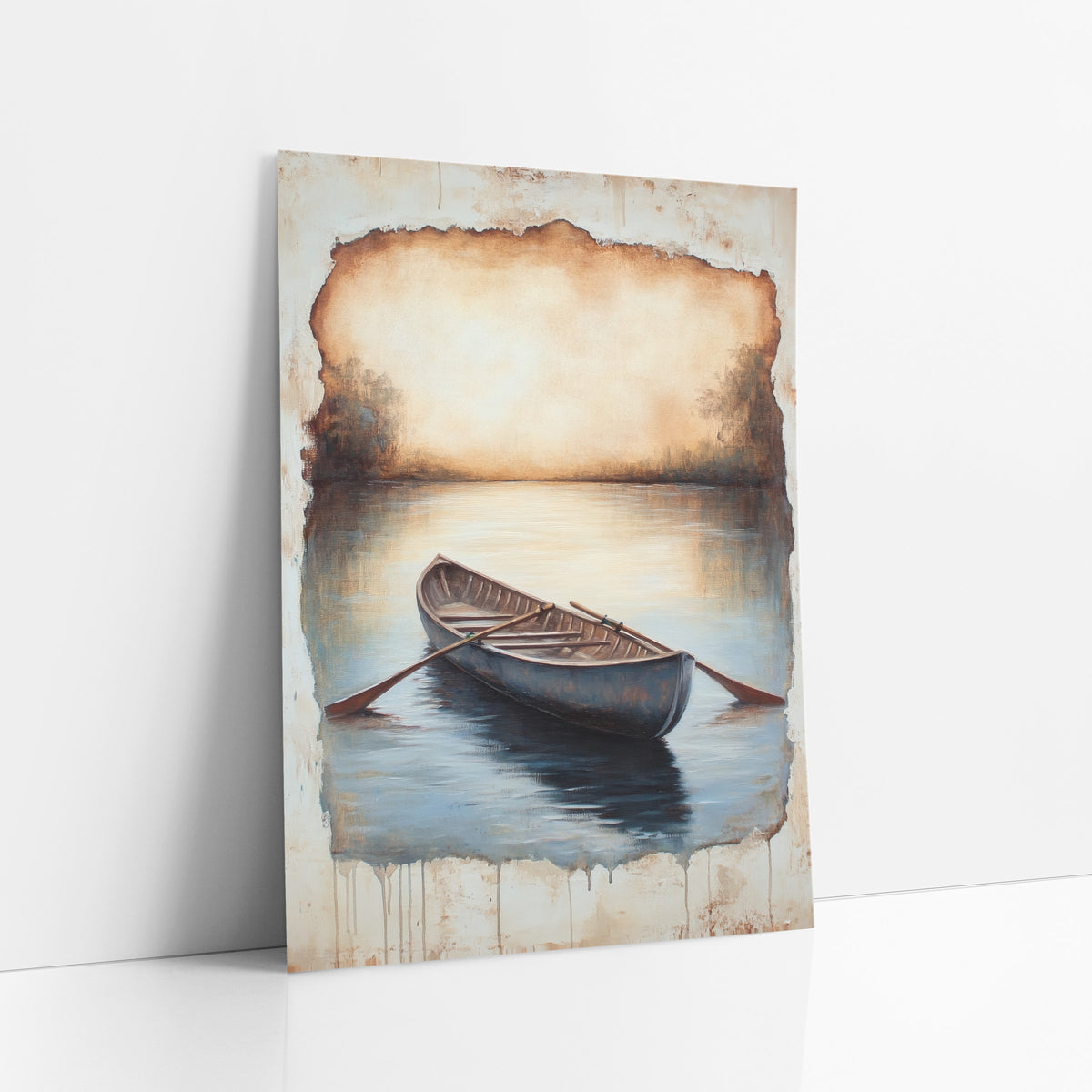 Antique Rowing Boat Still Water Landscape art print leaning against a white wall – wooden rowing boat with oars on still blue