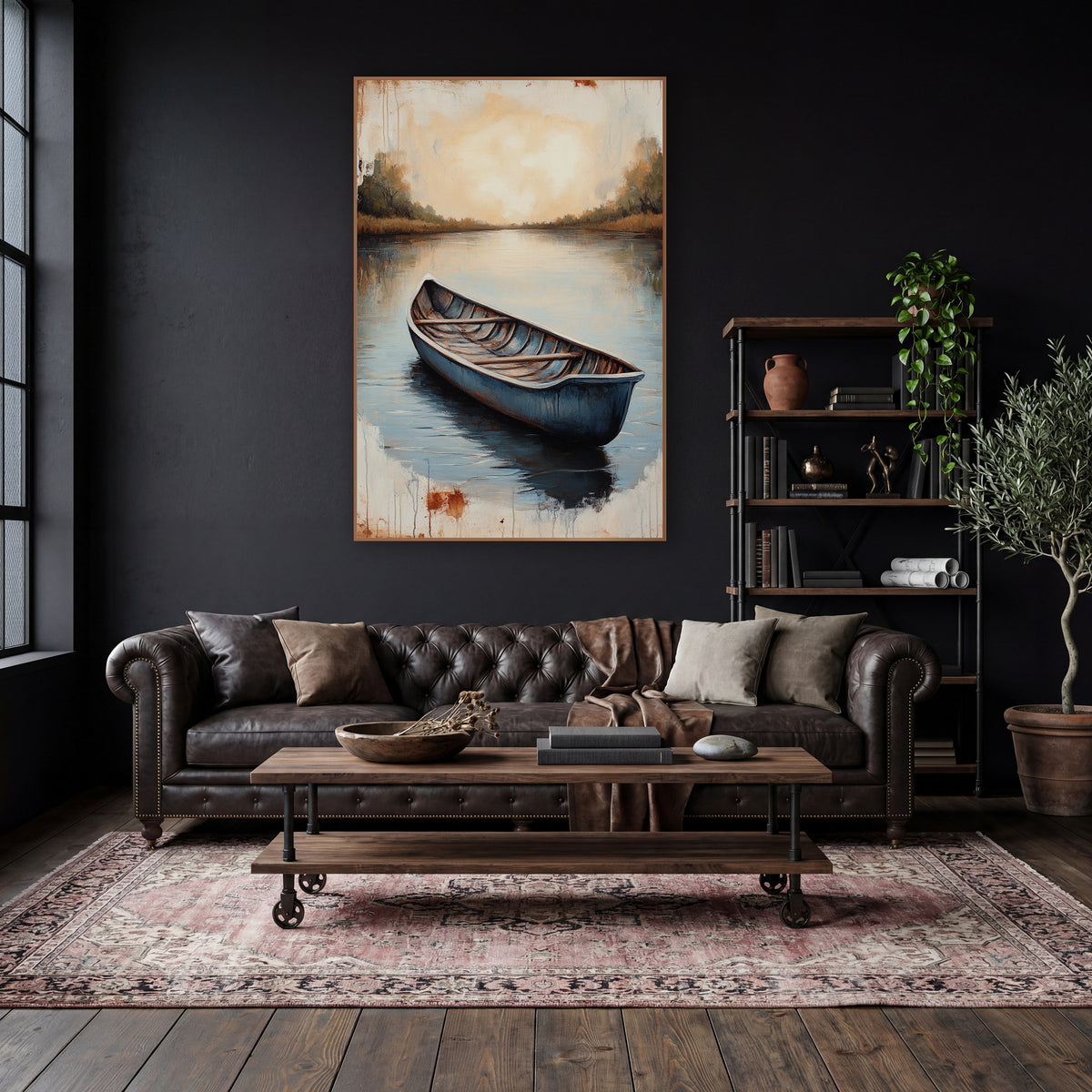 Still Blue Rowboat Lake Landscape wall art in a moody dark academia room – blue rowboat on calm lake with reflections