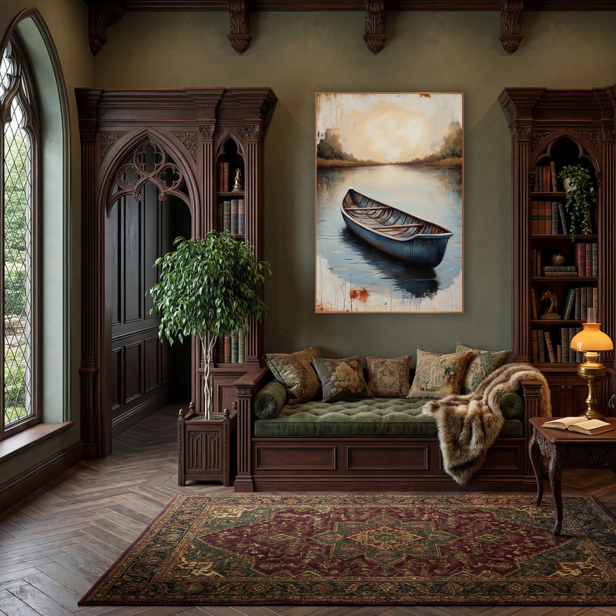 Still Blue Rowboat Lake Landscape wall art in a moody dark academia room – blue rowboat on calm lake with reflections