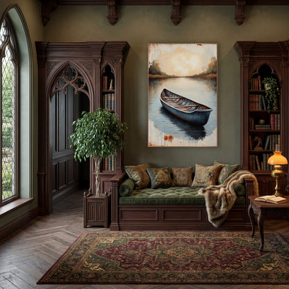 Still Blue Rowboat Lake Landscape wall art in a moody dark academia room – blue rowboat on calm lake with reflections
