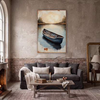 Still Blue Rowboat Lake Landscape wall art in a moody dark academia room – blue rowboat on calm lake with reflections