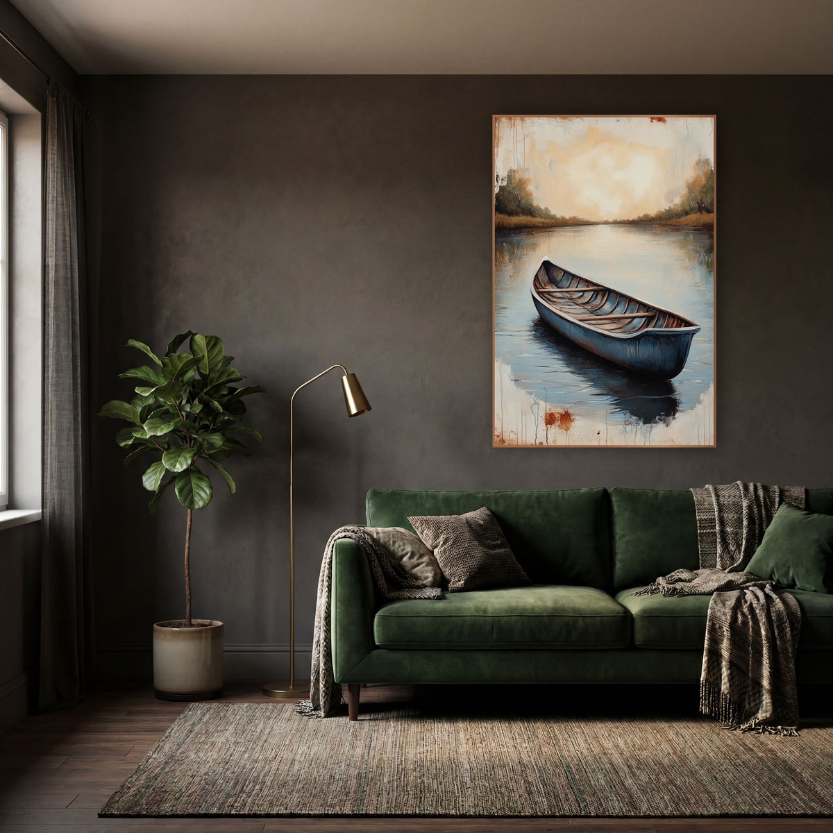 Still Blue Rowboat Lake Landscape wall art in a moody dark academia room – blue rowboat on calm lake with reflections