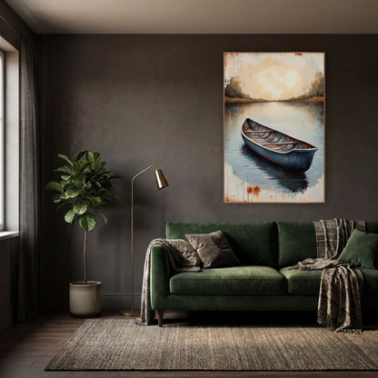 Still Blue Rowboat Lake Landscape wall art in a moody dark academia room – blue rowboat on calm lake with reflections