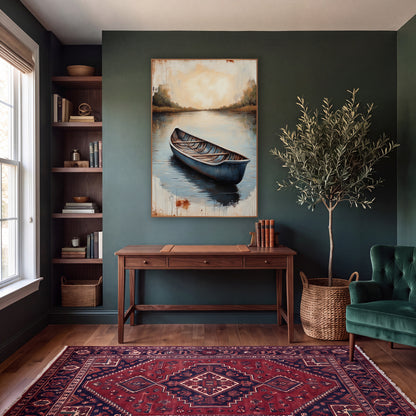 Still Blue Rowboat Lake Landscape wall art in a moody dark academia room – blue rowboat on calm lake with reflections