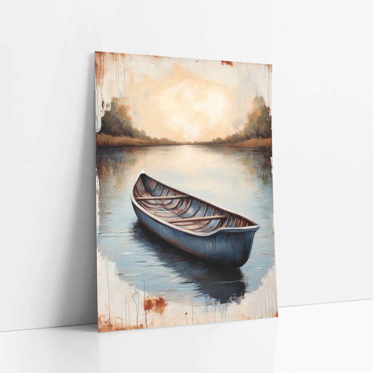 Still Blue Rowboat Lake Landscape art print leaning against a white wall – blue rowboat on calm lake with reflections, golden