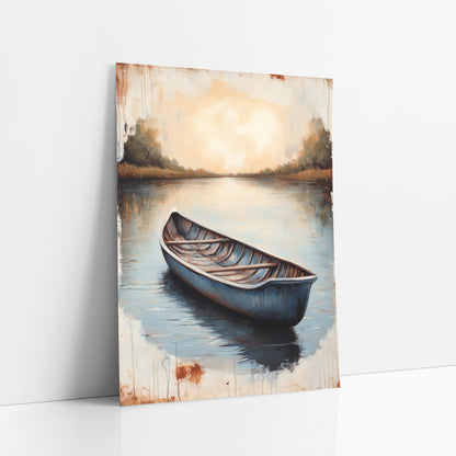 Still Blue Rowboat Lake Landscape art print leaning against a white wall – blue rowboat on calm lake with reflections, golden