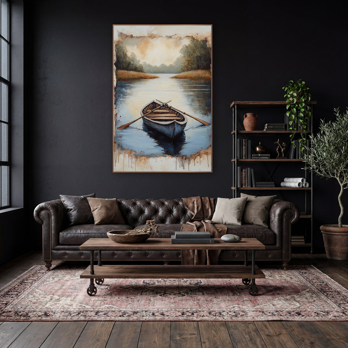 Still Water Rowboat Dark Academia wall art in a moody dark academia room – wooden rowboat with crossed oars on calm