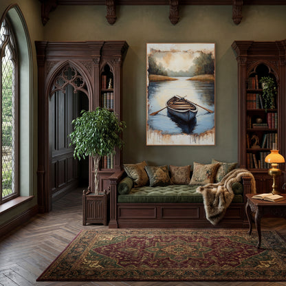 Still Water Rowboat Dark Academia wall art in a moody dark academia room – wooden rowboat with crossed oars on calm