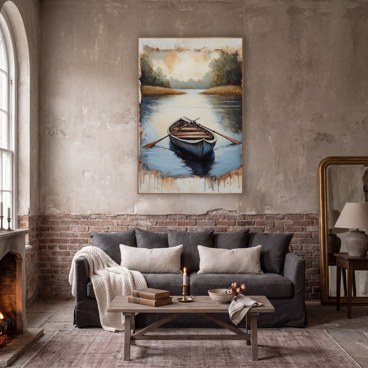 Still Water Rowboat Dark Academia wall art in a moody dark academia room – wooden rowboat with crossed oars on calm