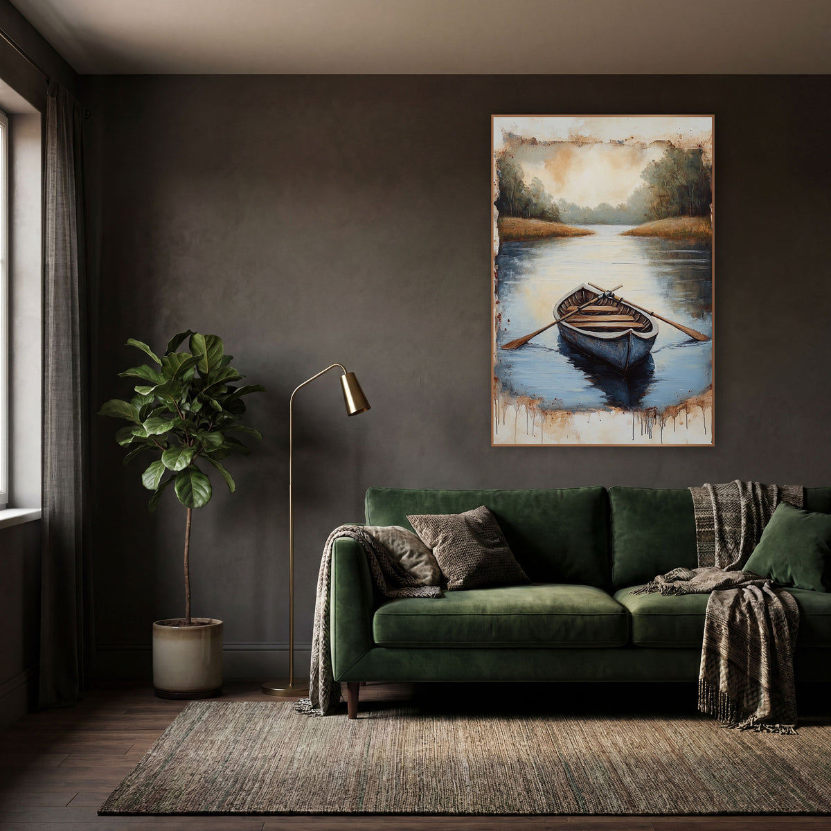 Still Water Rowboat Dark Academia wall art in a moody dark academia room – wooden rowboat with crossed oars on calm